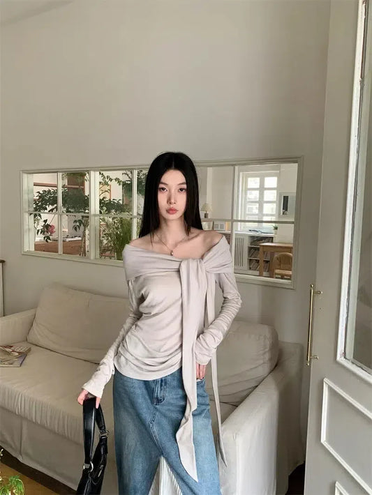Tie Front One Shoulder Top Beige
