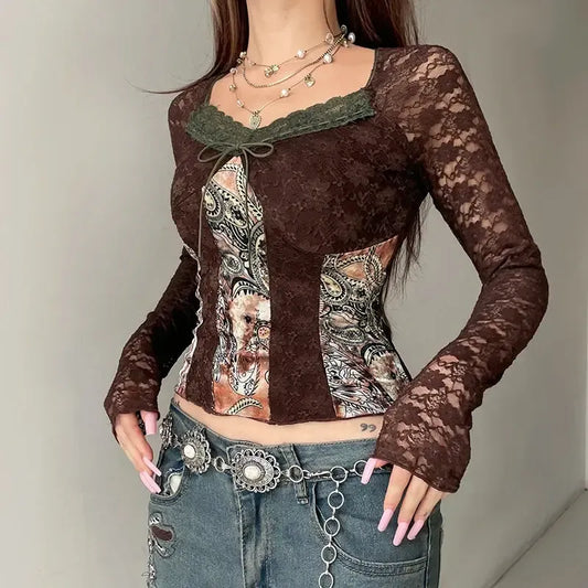 Vintage Bohemian Lace Top Brown