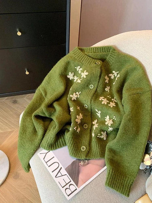 Vintage Daisy Embroidered Green Cardigan Green