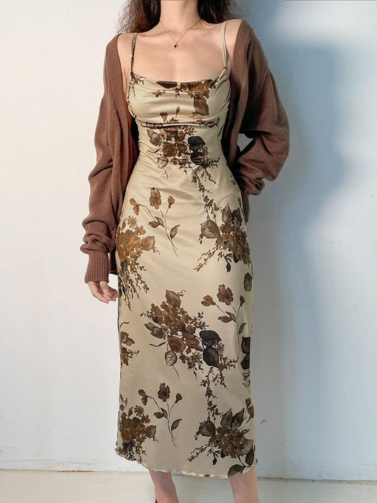 Vintage Floral Maxi Dress Beige
