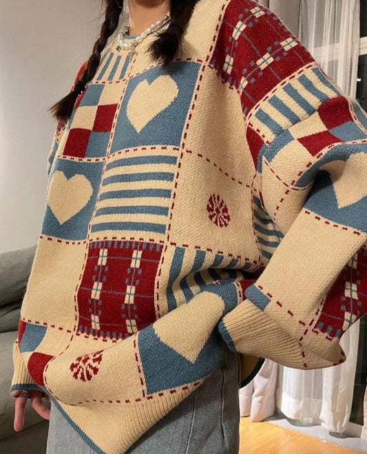 Vintage Heart Pattern Red Cardigan Beige