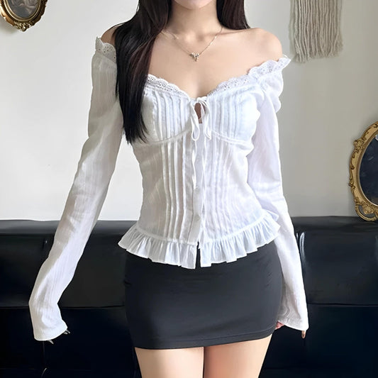 Vintage Ruffled White Long Sleeve Crop Top White
