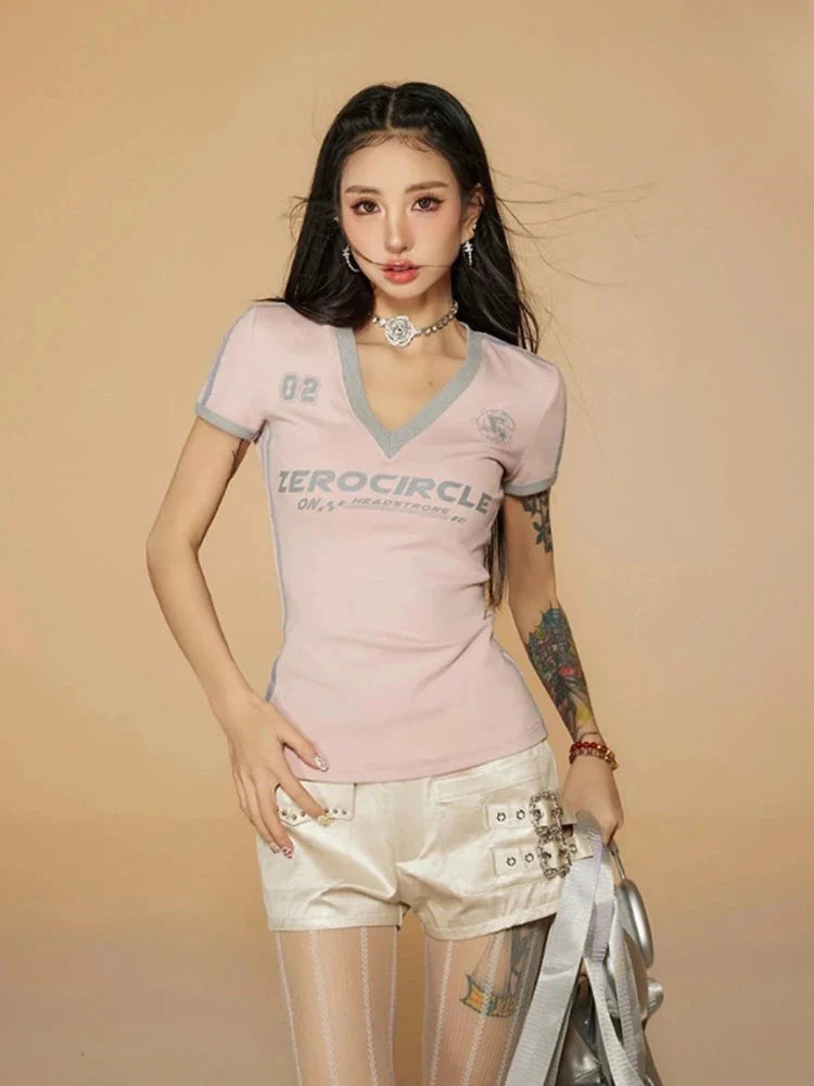 Vintage Striped V Neck Jersey Top Pink
