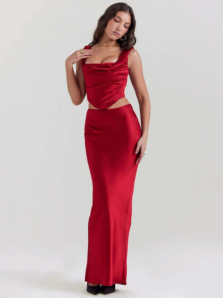 Wine Satin Corset Top & Maxi Skirt Two Piece Coord Red