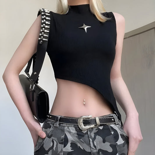 Y2K Corduroy Asymmetric Crop Top Black