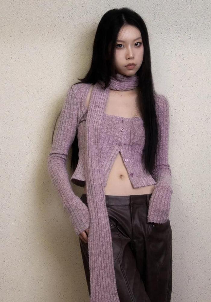 Y2K Corduroy Cropped Scarf Cardigan Purple