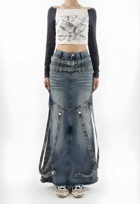 Y2K Denim Maxi Skirt Blue