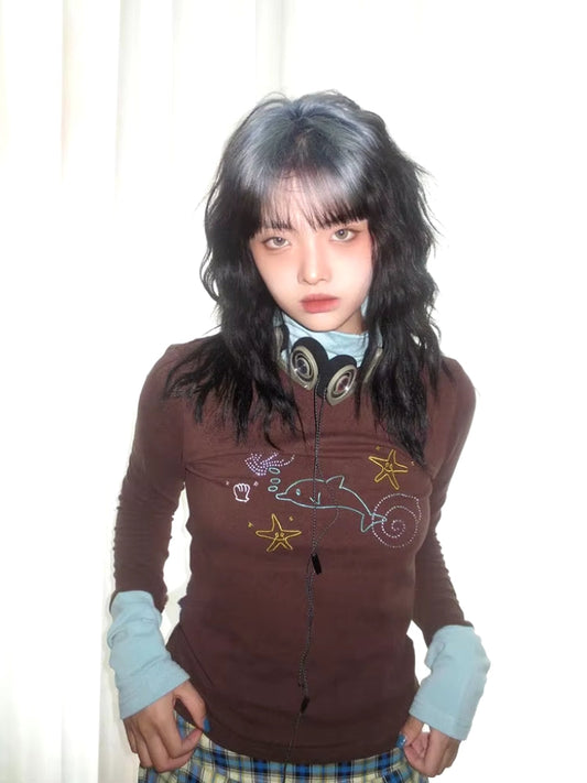 Y2K Dolphin Turtleneck Top Brown