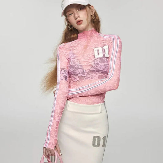 Y2K Embroidered Lace Top Pink