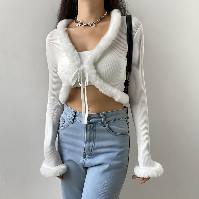 Y2K Faux Fur Corduroy Cropped Cardigan