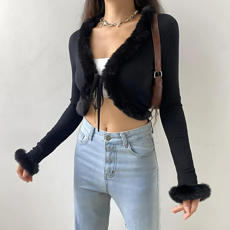 Y2K Faux Fur Corduroy Cropped Cardigan Black