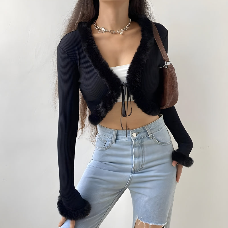 Y2K Faux Fur Corduroy Cropped Cardigan