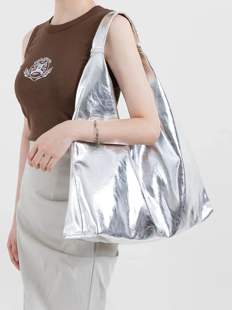 Y2K Faux Patent Leather Hobo Bag Silver