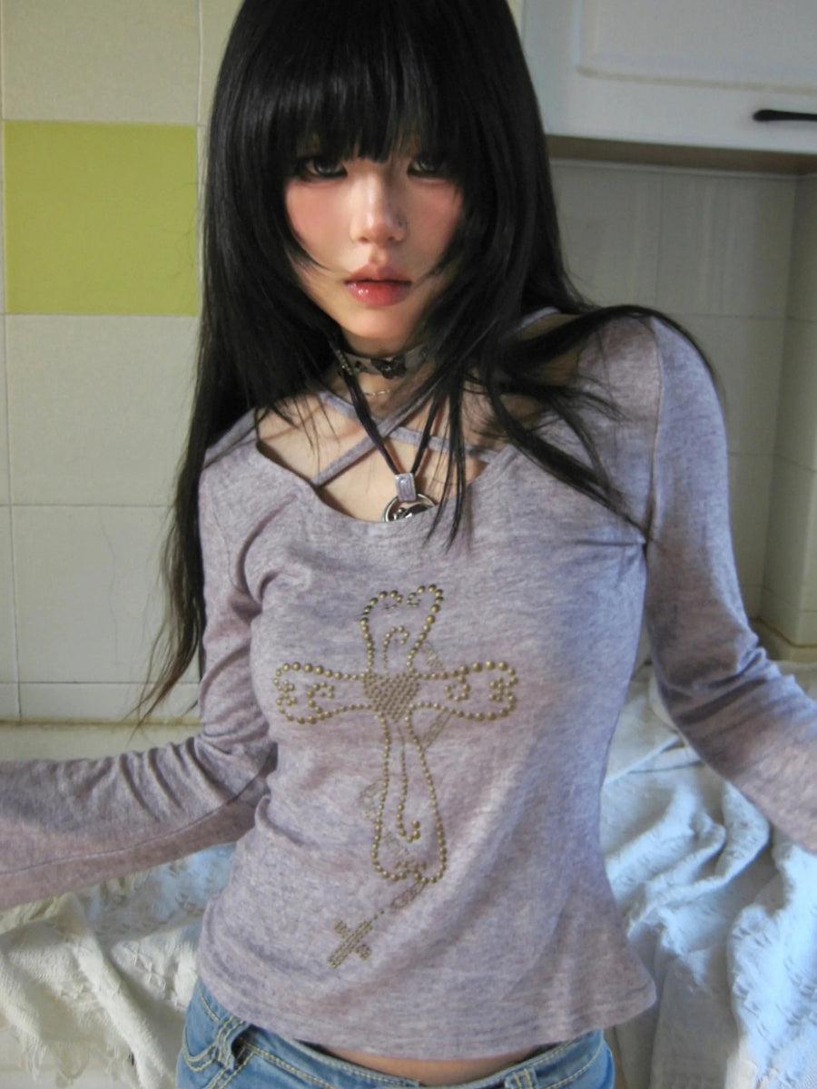 Y2K Golden Cross Top Lilac