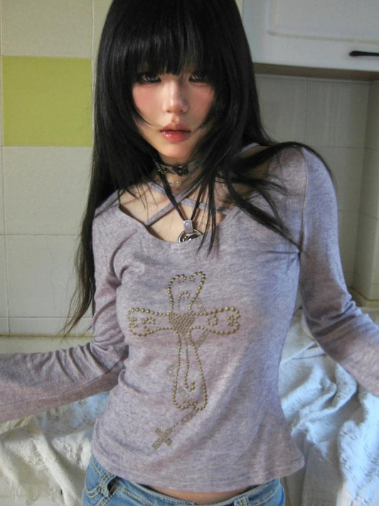 Y2K Golden Cross Top Lilac