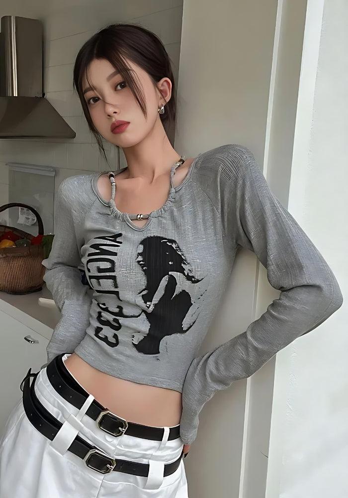 Y2K Grunge Angel Black Long Sleeve Crop Top Gray