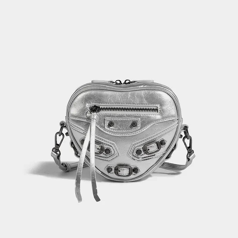 Y2K Grunge Belted Heart Shaped Bag Silver