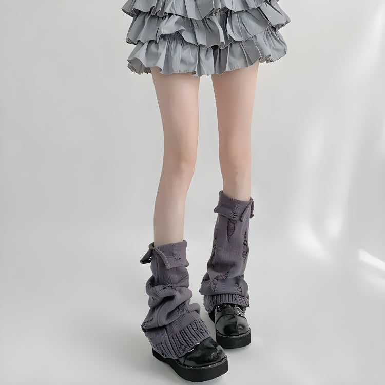 Y2K Grunge Distressed Knitted Leg Warmers Gray