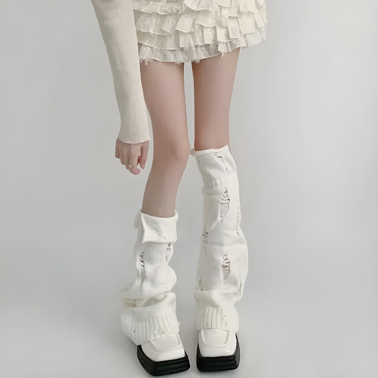 Y2K Grunge Distressed Knitted Leg Warmers White