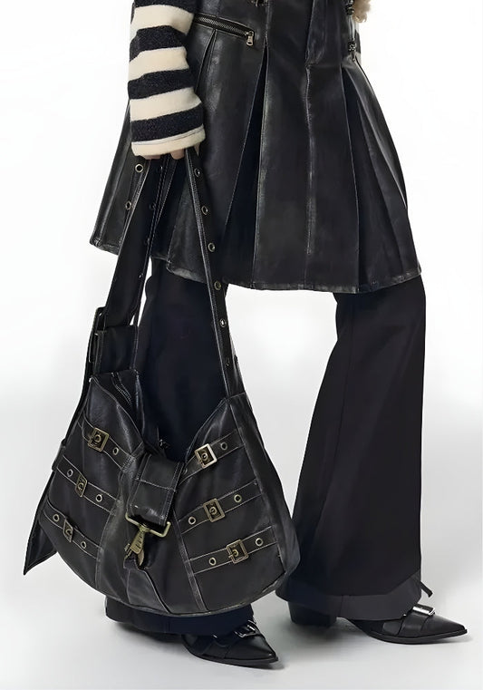 Y2K Grunge Faux Leather Belted Bag Black