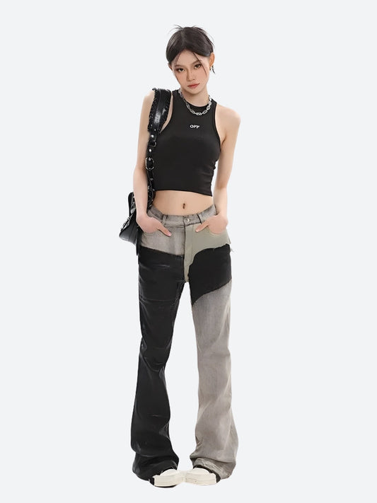 Y2K Grunge Patchwork Flare Pants Black