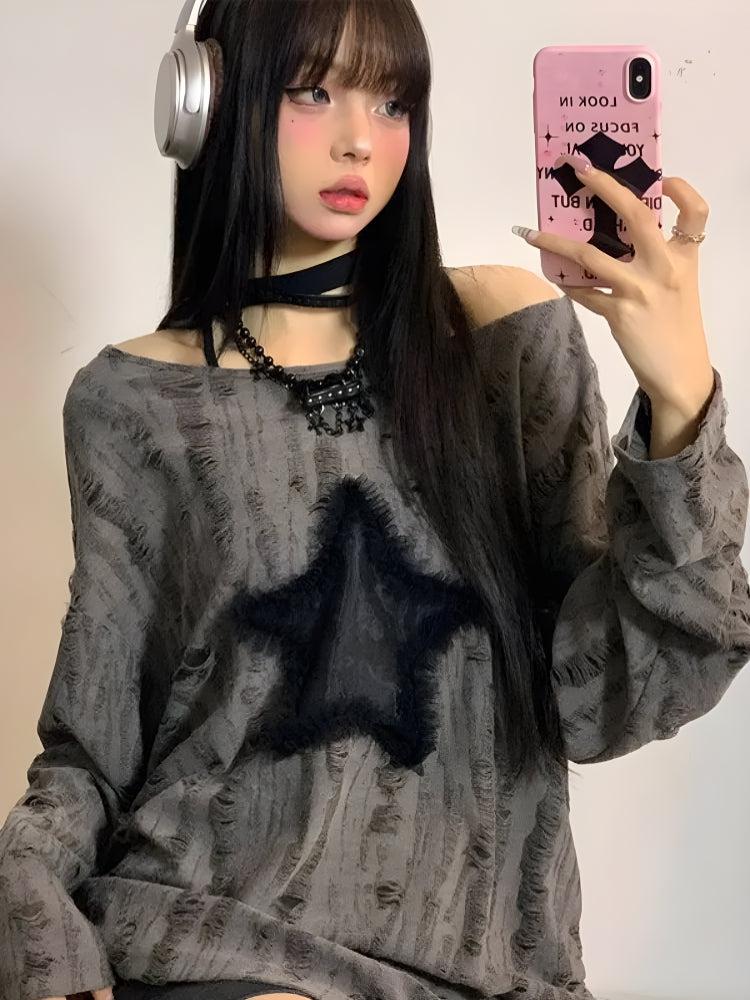 Y2K Grunge Star Distressed Sweater Gray