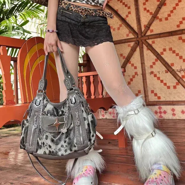 Y2K Leopard Faux Fur Bag Gray