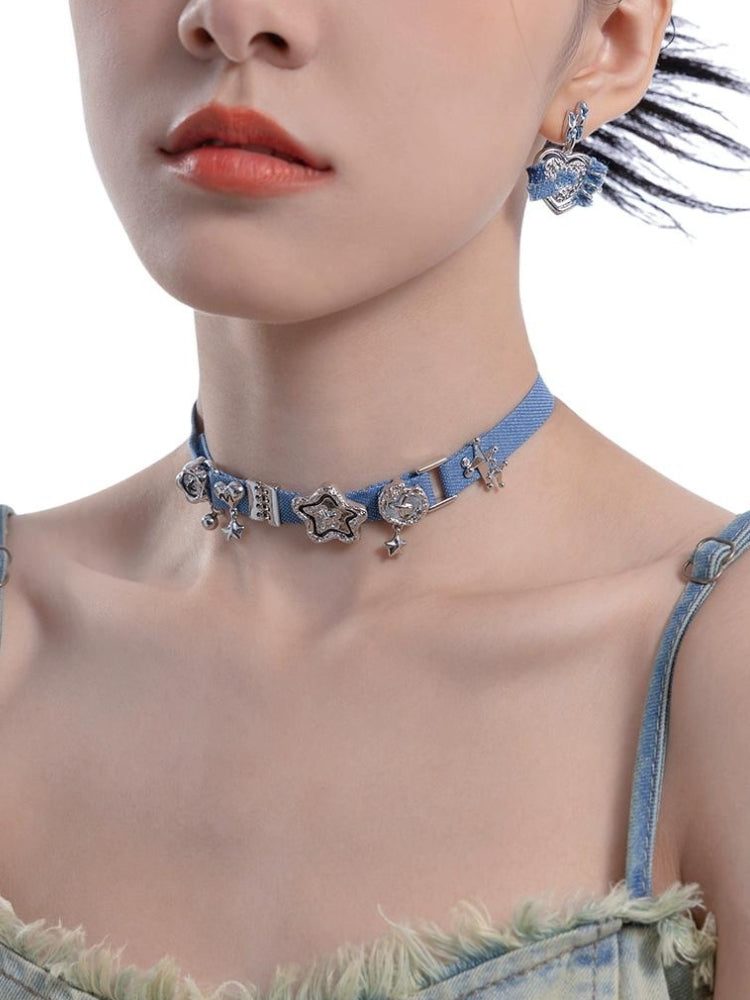 Y2K Sparkle Denim Choker Necklace Star Pendant