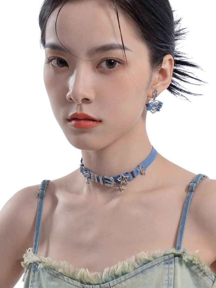 Y2K Sparkle Denim Choker Necklace Buckle Pendant