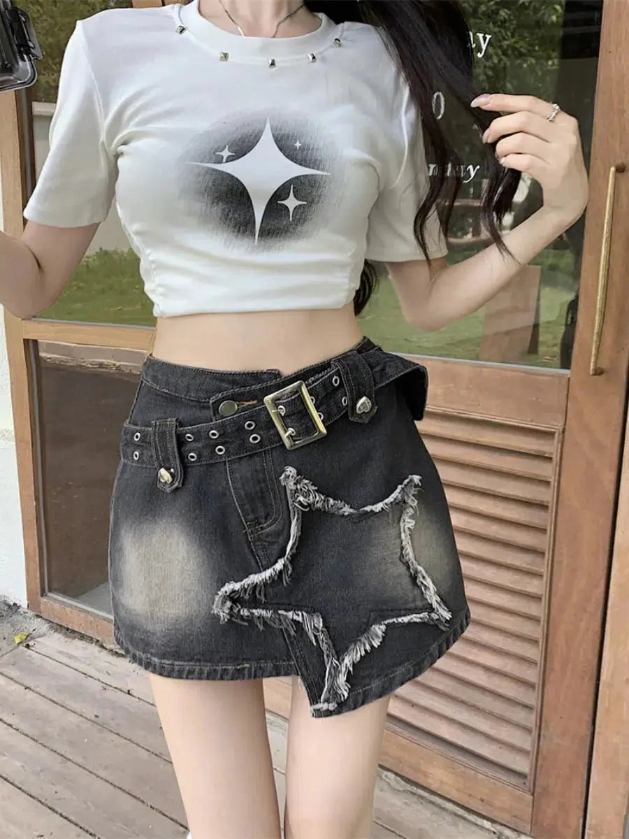 Y2K Star Asymmetric Denim Mini Skirt Black