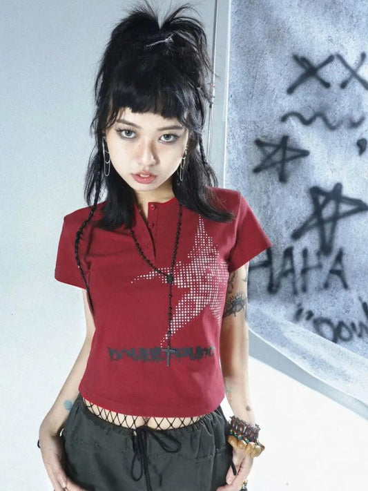 Y2K Star Button-Up Tee Red
