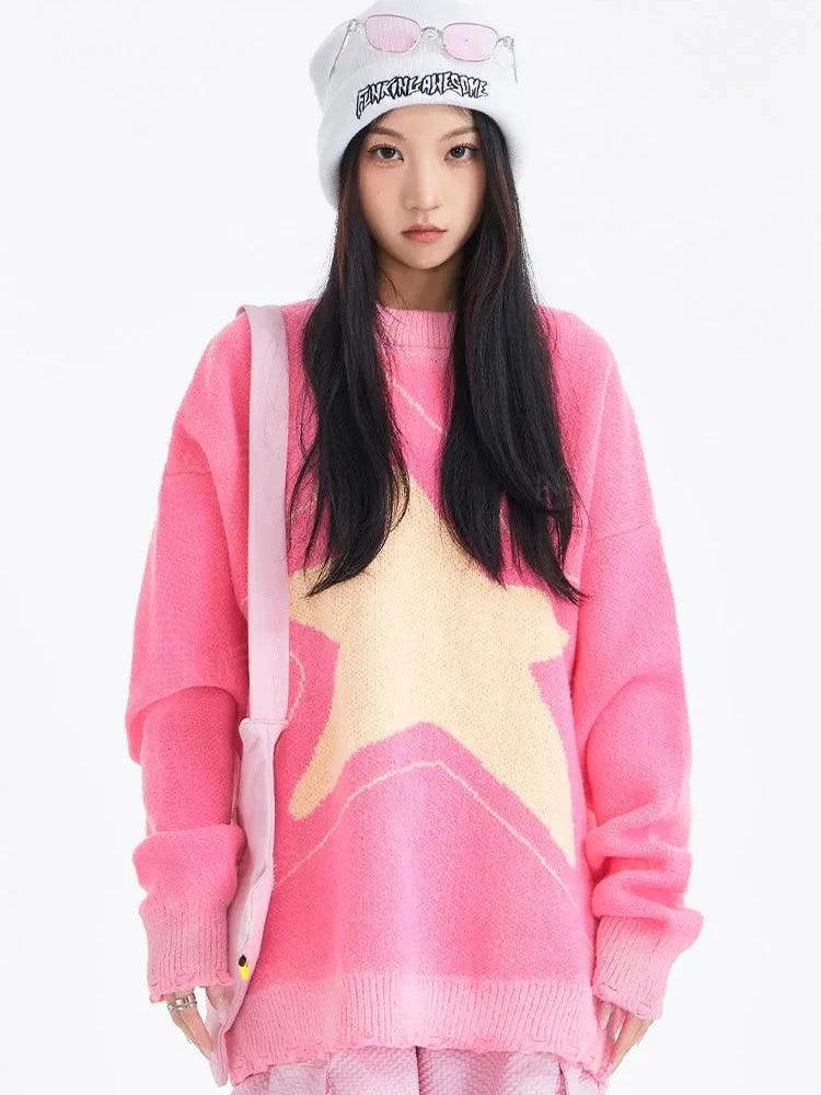 Y2K Star Distressed Sweater Pink