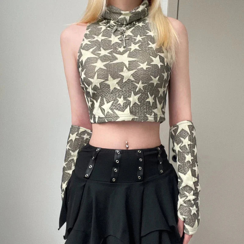 Y2K Star Embroidered Crop Top Cream