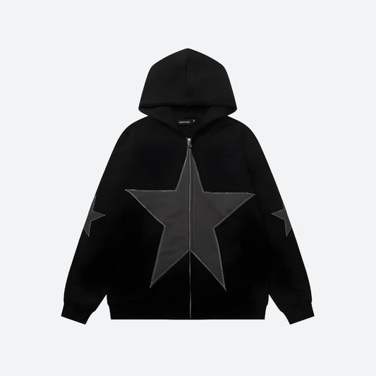 Y2K Star Patch Zip-Up Hoodie Black