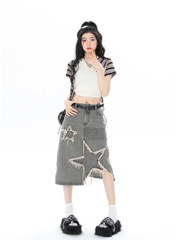 Y2K Star Patchwork Midi Skirt Gray