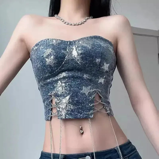 Y2K Star Sequined Crop Top Navy