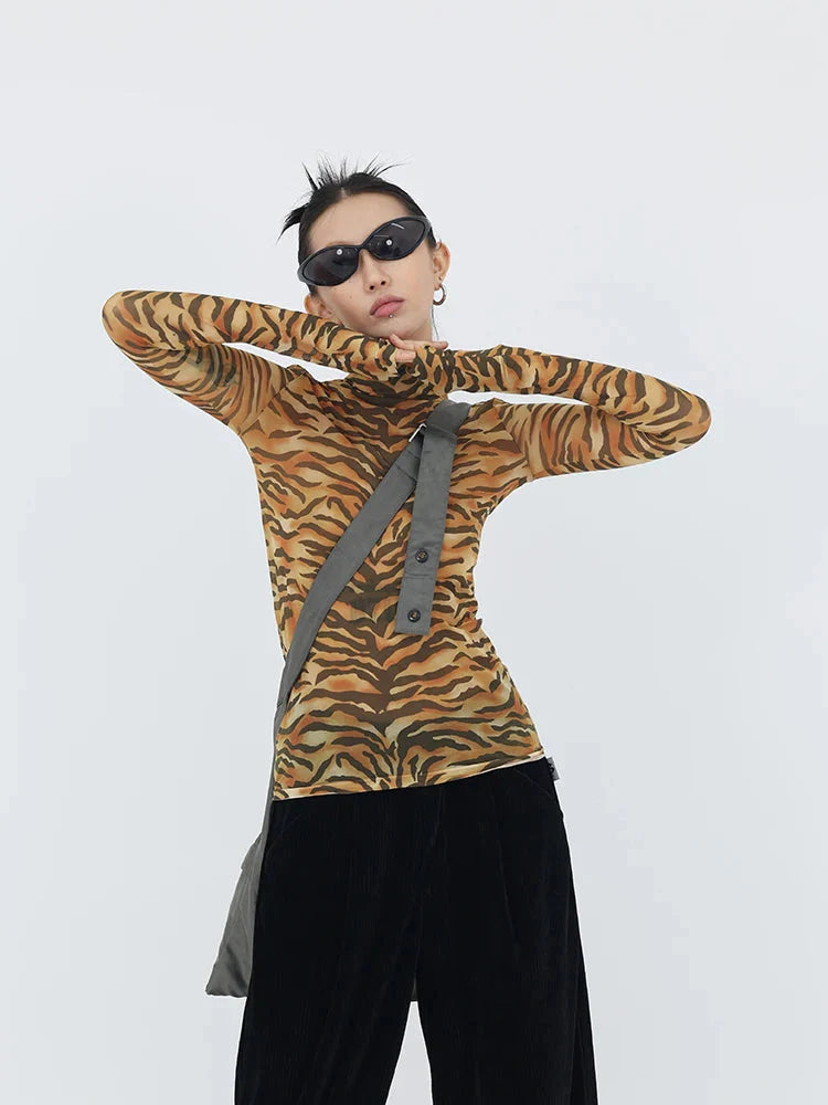 Y2K Tiger Mesh Top Brown One Size