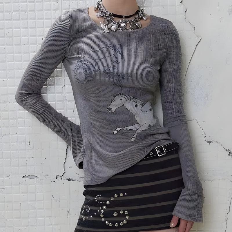Y2K White Horse Ribbed Top Gray