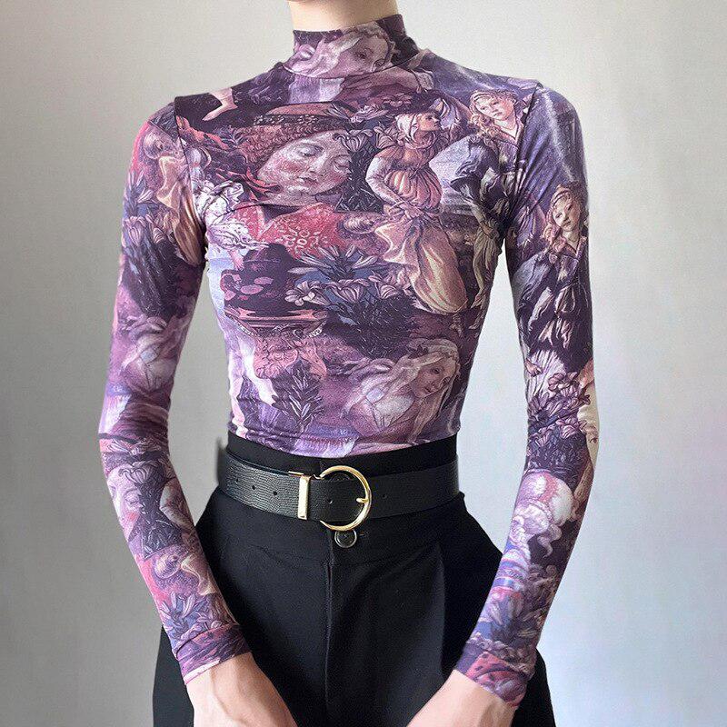 Y2K Angel Graphic Mesh Top Purple