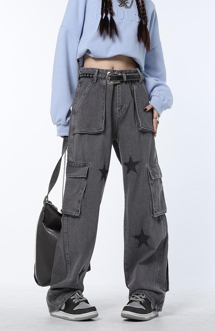 Y2K Star Printed Cargo Pants Gray