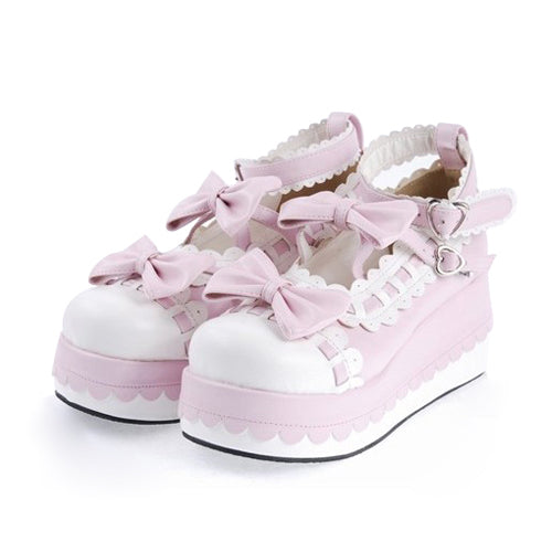 Pink Synthetic Leather Round Toe Ankle Straps Bow Decoration Platform Lolita Shoes Pink