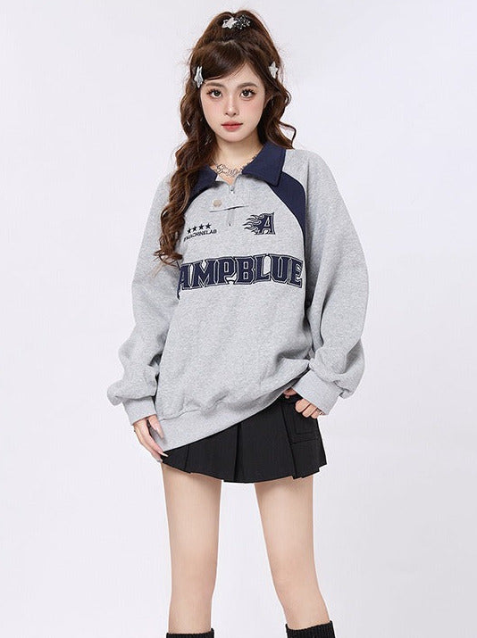 American Retro Block Color Polo Collar Loose Sweatshirt