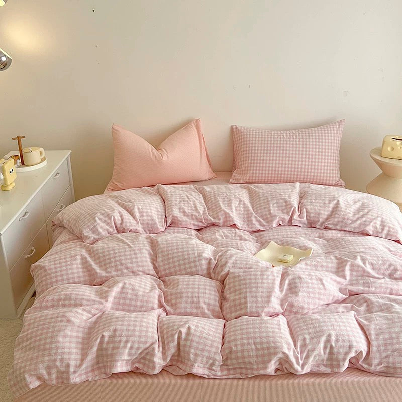 Cozy Pink Plaid Bedding Set Pink