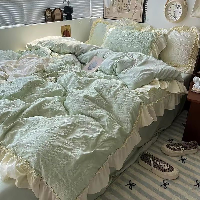 Korean Princess Ruffle Bedding Set Green