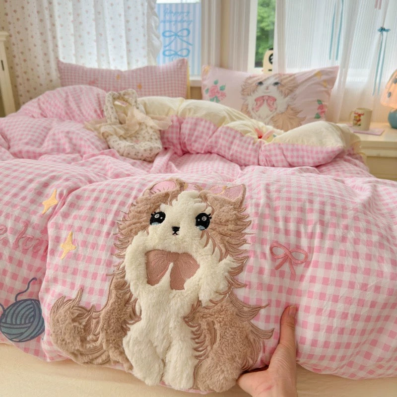 Cute Kitty Pink Gingham Bedding Set