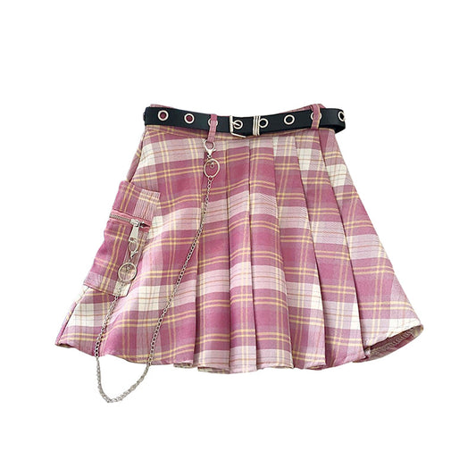 Pink Plaid Skirt with Belt