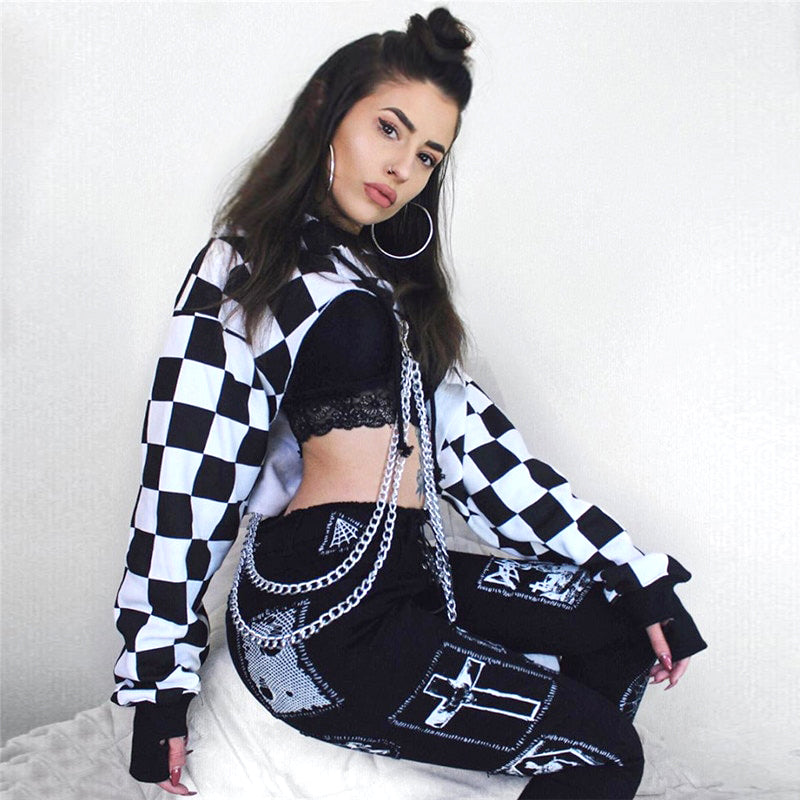 E-Girl Checker Hoodie Chain Crop Top