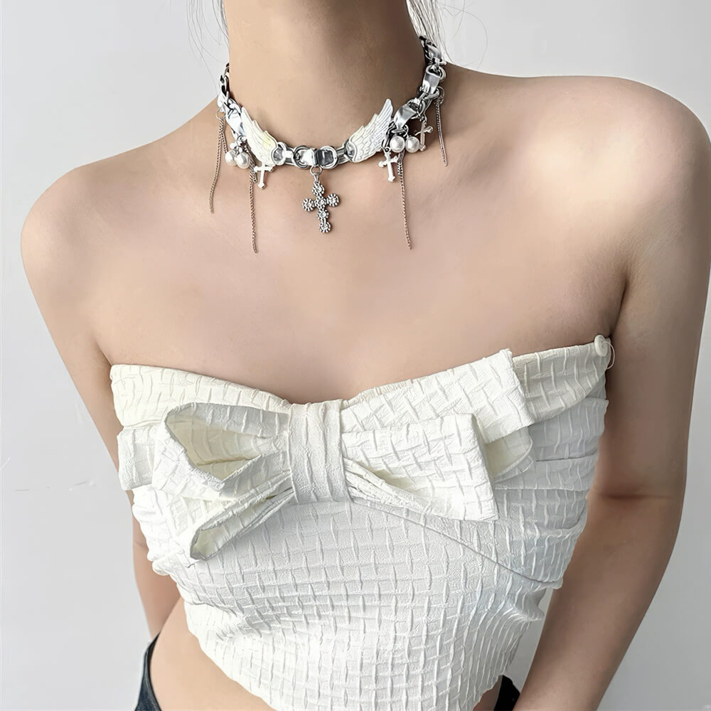 Angel Wings Cross Choker Necklace