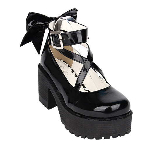 Black Patent Leather Cute Bowknot Lolita Round-toe High Heel Shoes