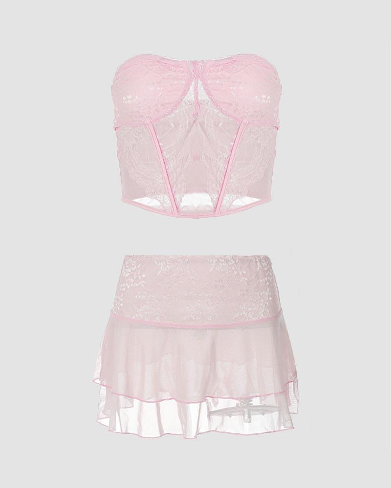 Cerauno Lace Corset and Matching Coord Pink